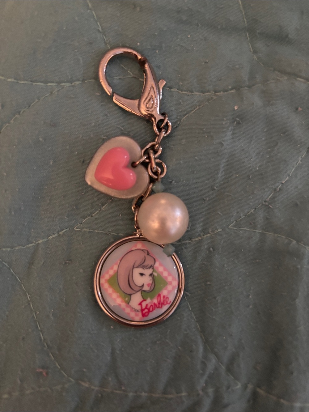 Barbie Pink Heart & Pearl Charm Keychain with Portrait Medallion